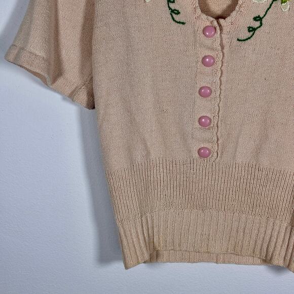 Vintage 1980s Cottage Core Sweater Pale Pink Green Floral Embroidery AS IS - Picture 7 of 15